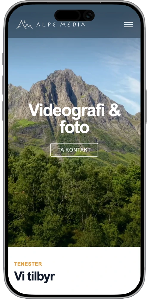 Skjermbilete av nettsida til Alpe Media vist på mobil